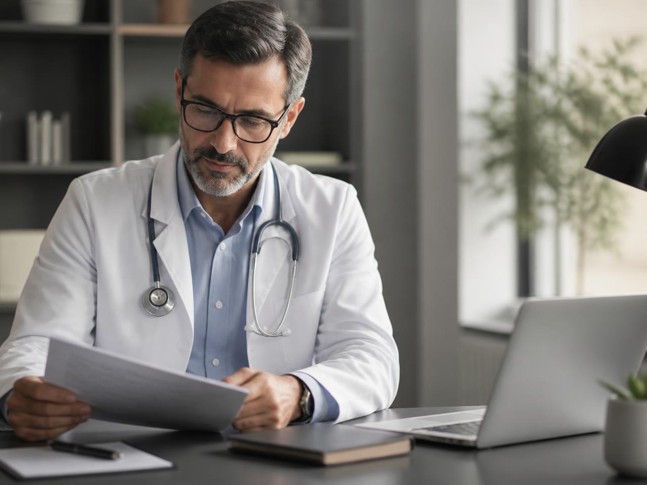 Consultório médico com profissional revisando prontuários