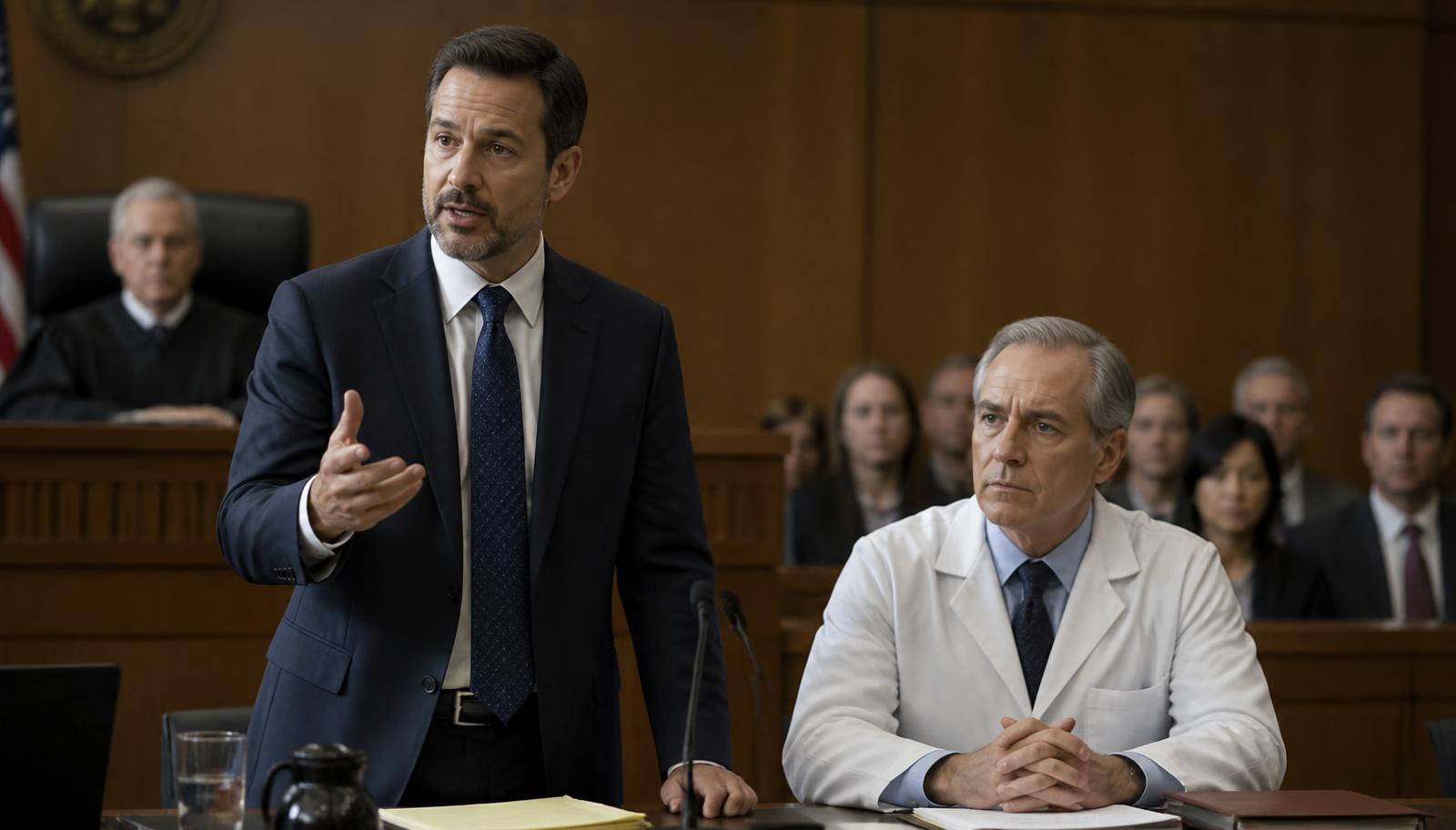 Audiência judicial com advogado sustentando defesa ao lado de médico