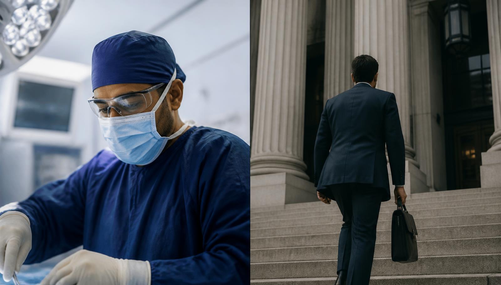 Médico em ambiente clínico com EPI ao lado de imagem de pessoa entrando em um tribunal de justiça