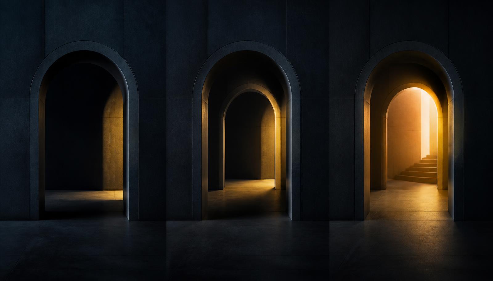 Três arcos em sequência iluminados progressivamente, simbolizando um percurso em três fases